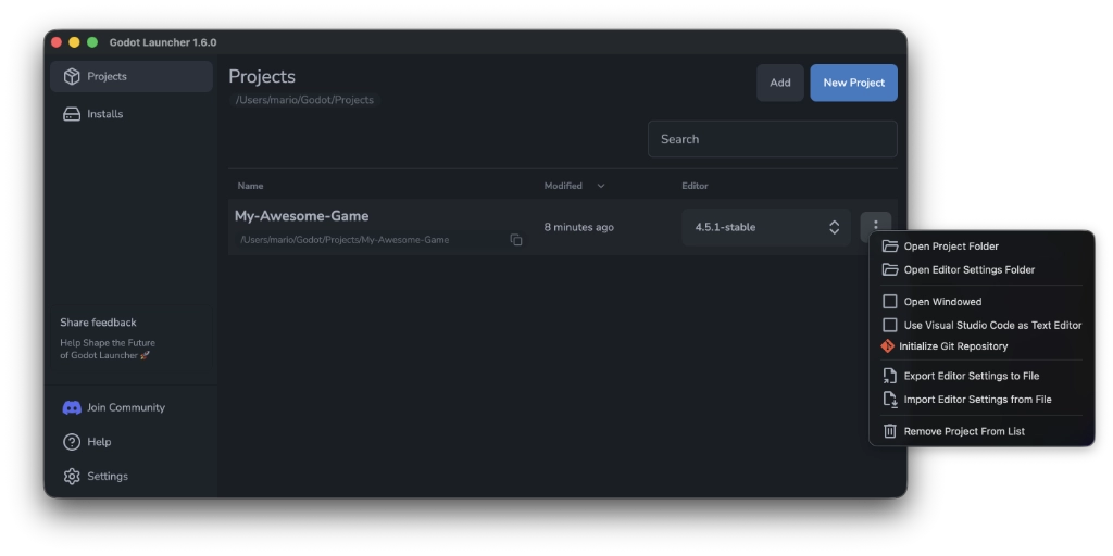 Godot Launcher Project Overflow Menu Open