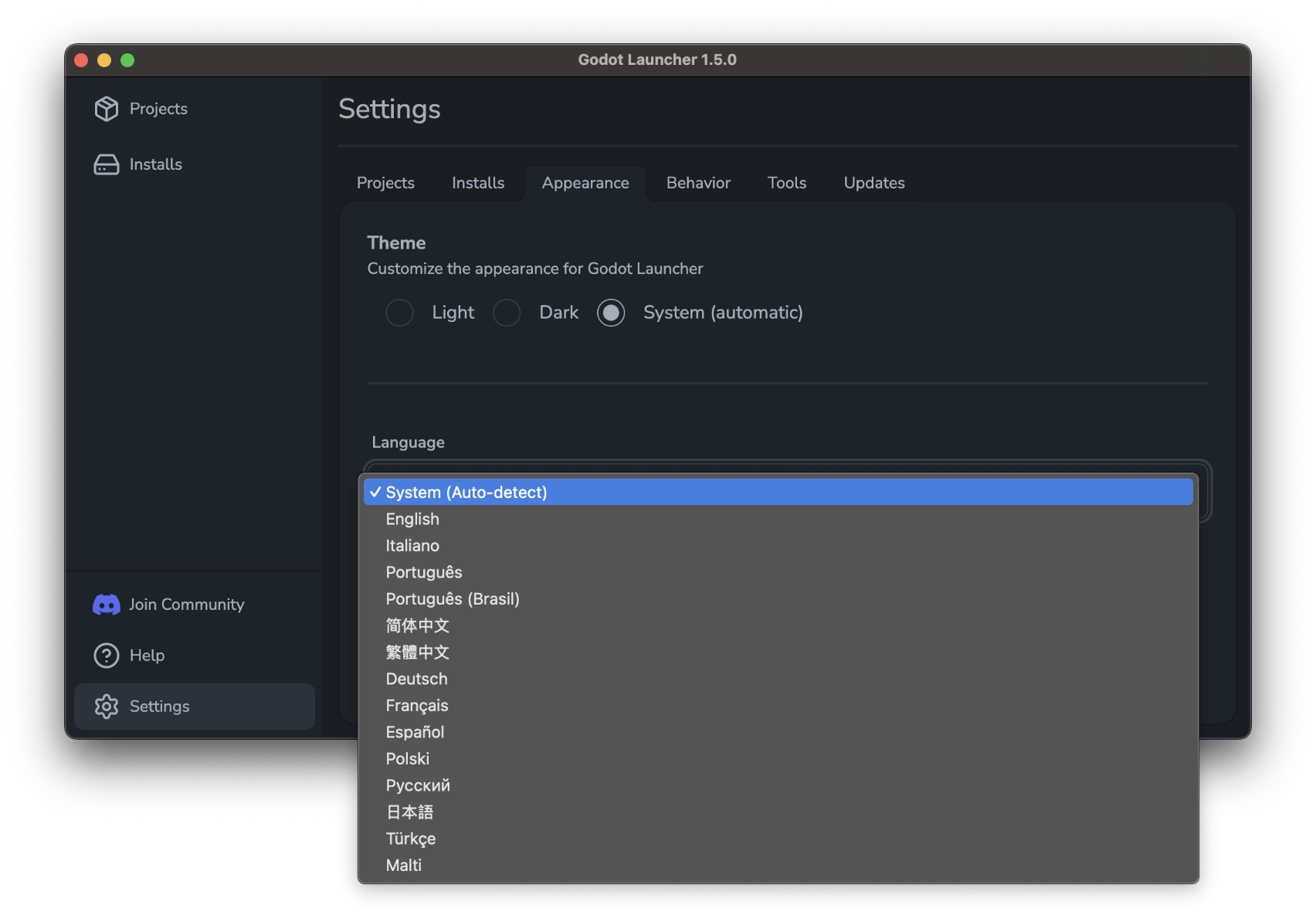 Settings - Appearance Tab Showing the Language Picker