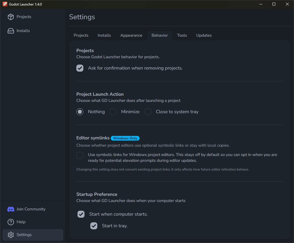 Settings - Behavior Tab