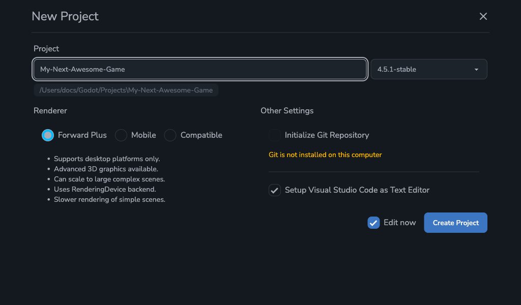 Godot Launcher - New Project No Git UI