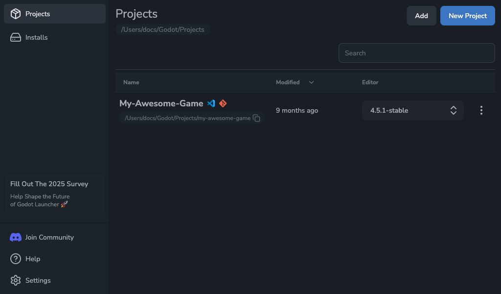 Projects View showing Add button