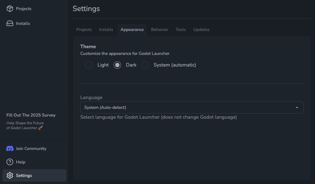 Settings - Appearance Tab Showing the Language Picker