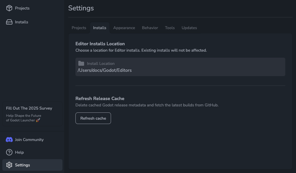 Settings - Installs Tab