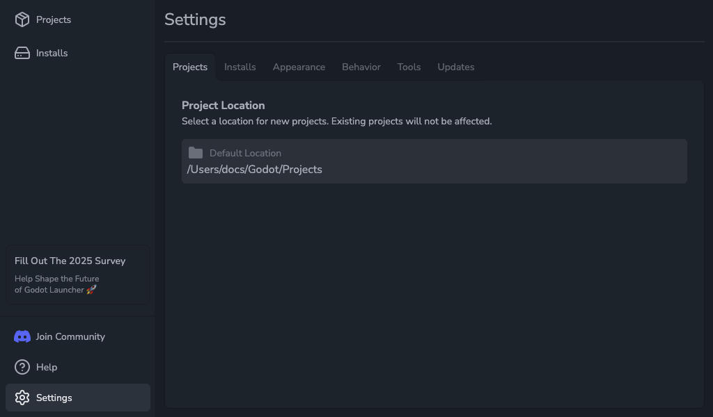 Settings - Projects Tab