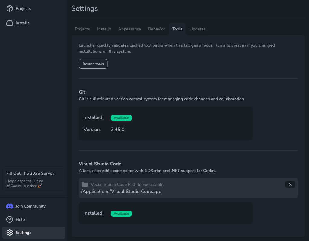 Settings - Tools Tab