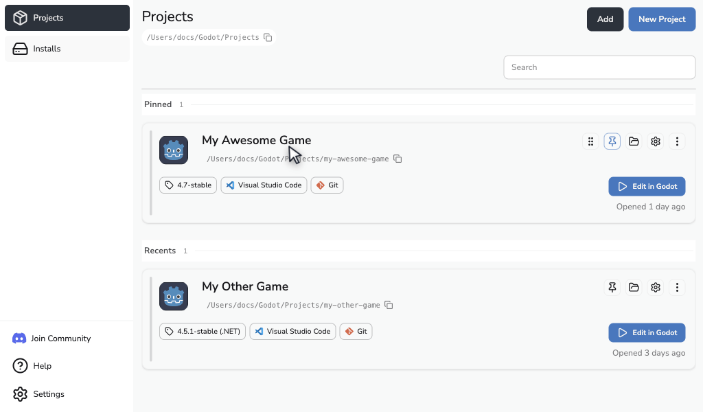 Reordering pinned projects by pointer and keyboard