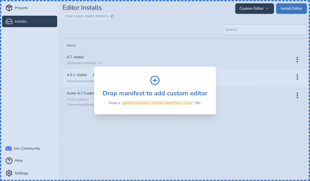 Installs view accepting a custom editor manifest drop