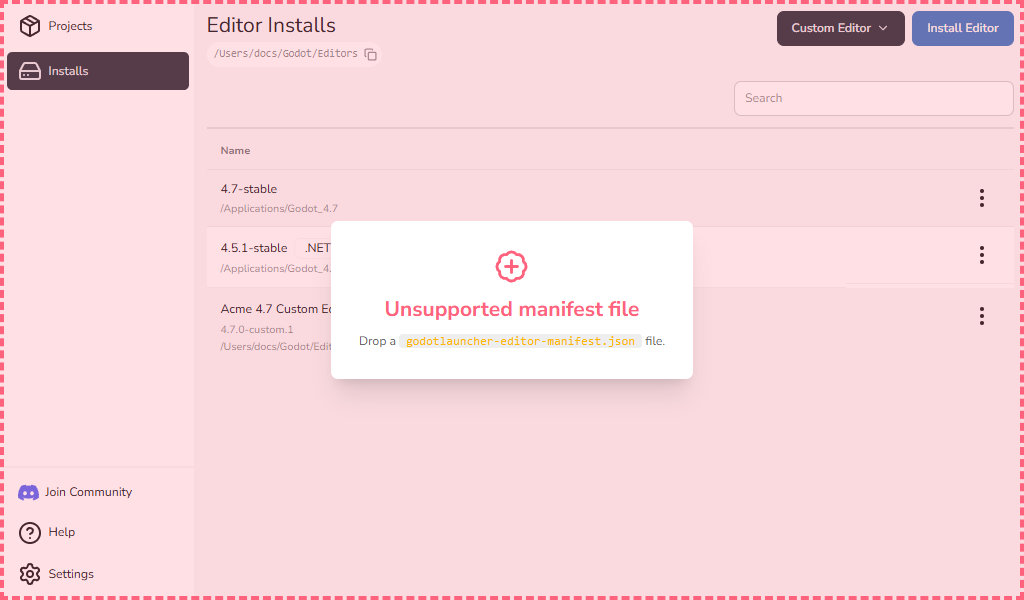 Installs view showing an unsupported custom editor manifest drop