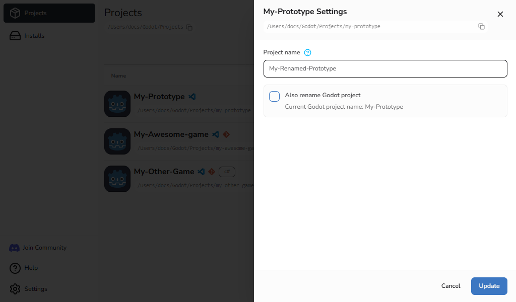 Project settings drawer with rename options