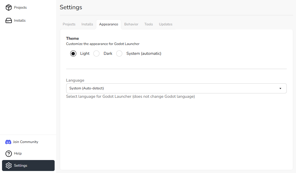 Settings - Appearance Tab Showing the Language Picker