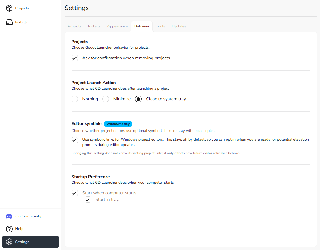Settings - Behavior Tab