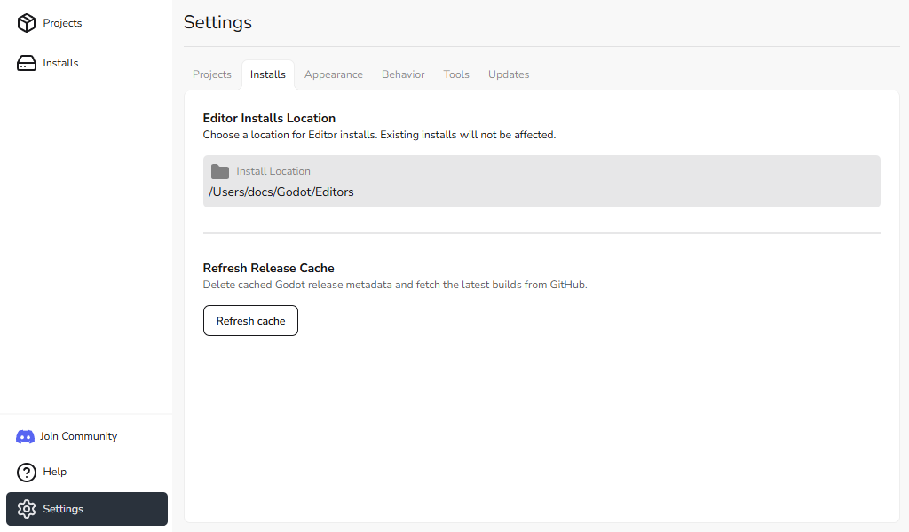 Settings - Installs Tab