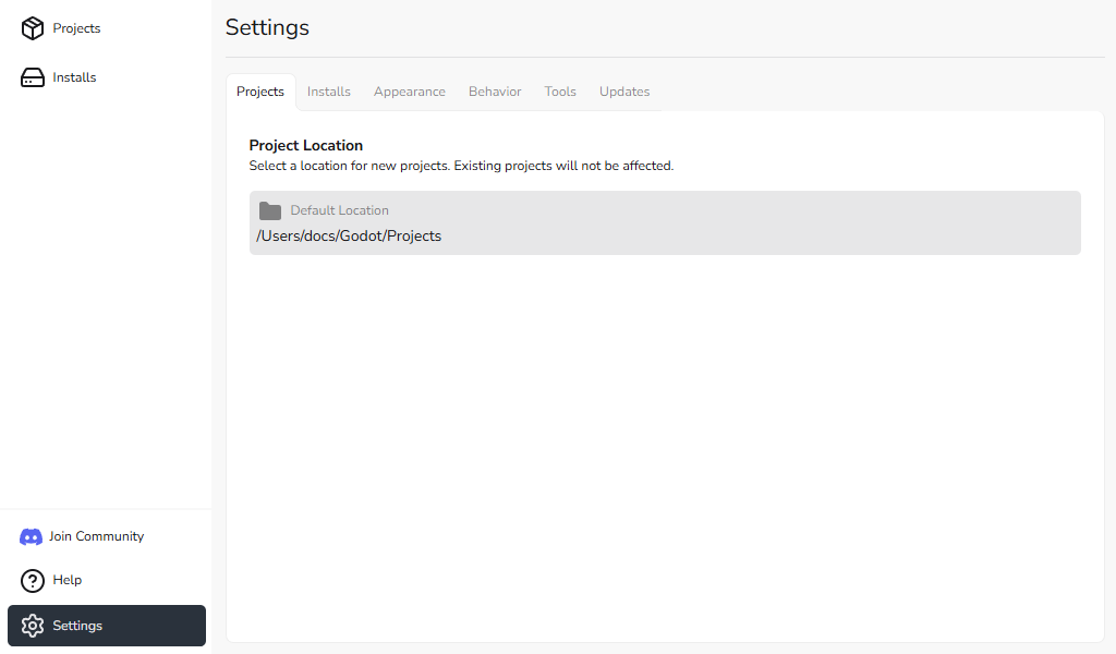 Settings - Projects Tab