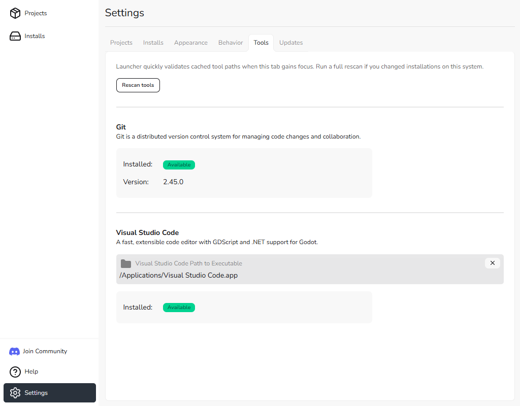 Settings - Tools Tab