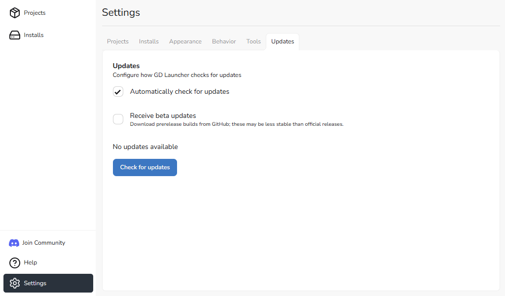 Settings - Updates Tab