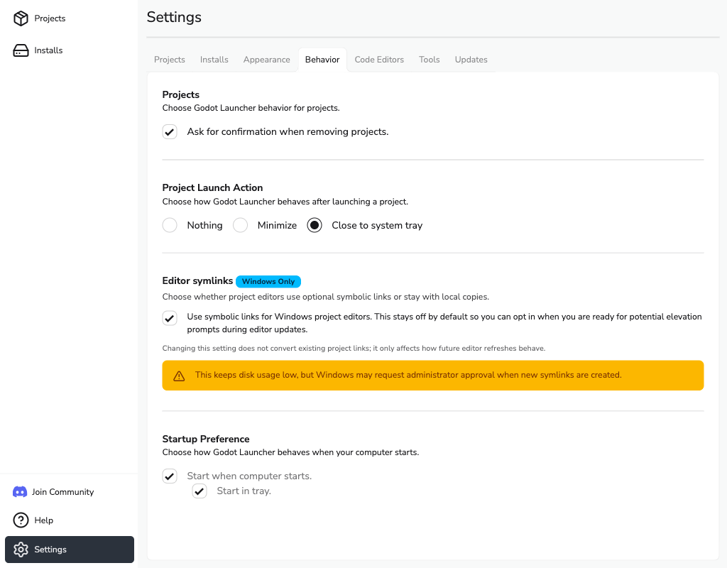 Settings - Behavior Tab