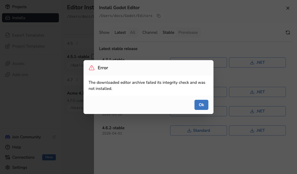 Godot Launcher rejecting an editor archive that failed its integrity check