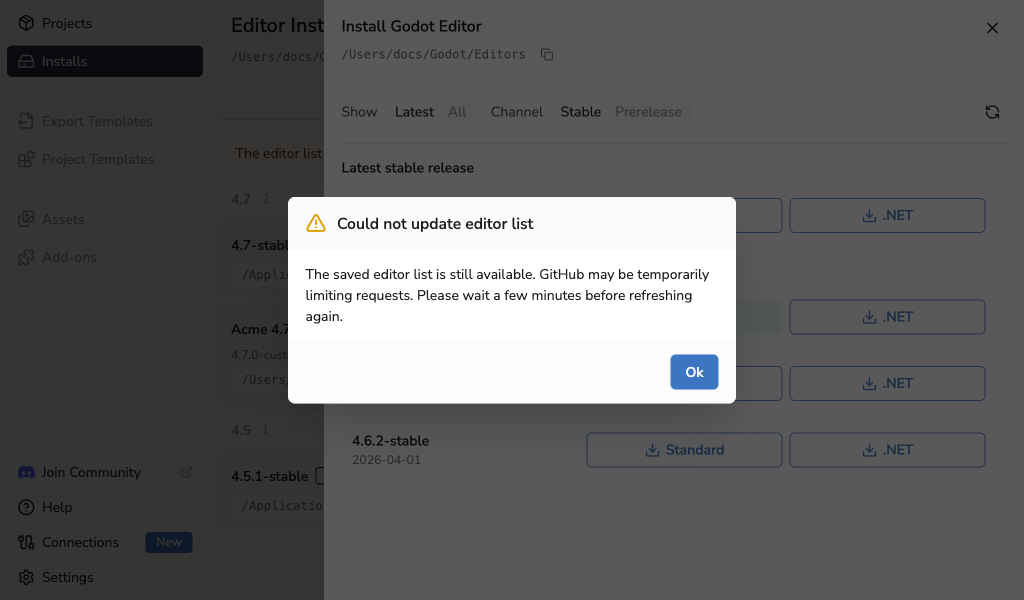 Install Godot Editor message explaining that the saved editor list is still available