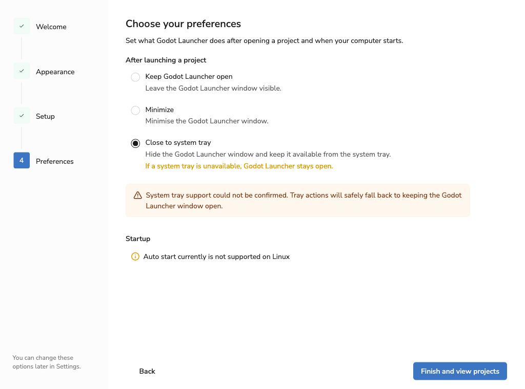 Linux Preferences warning that tray actions will keep the launcher window visible
