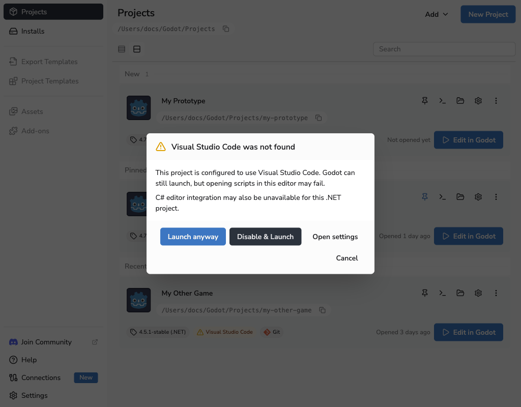 Warning with options to launch, stop using the missing code editor, or open settings