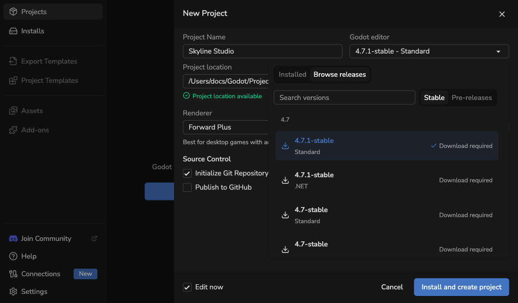 New Project editor picker browsing downloadable stable and pre-release Godot editors