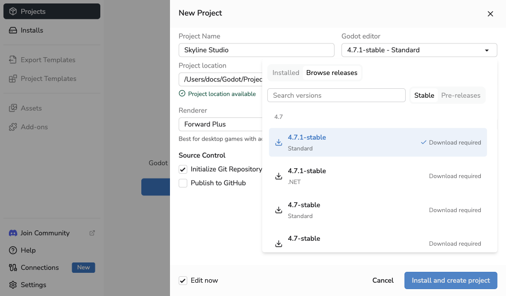 New Project editor picker browsing downloadable stable and pre-release Godot editors