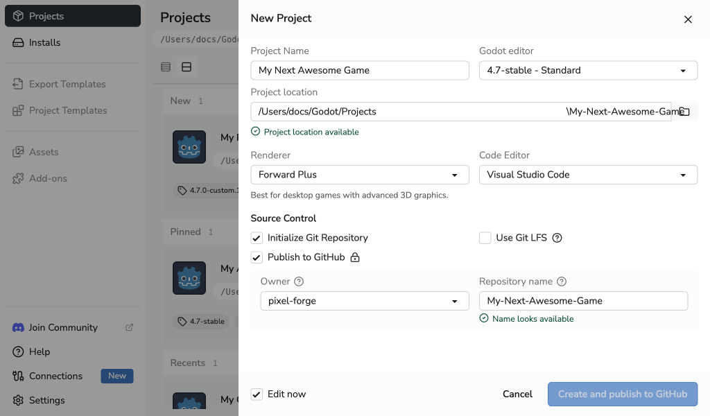New Project drawer with Initialize Git Repository enabled