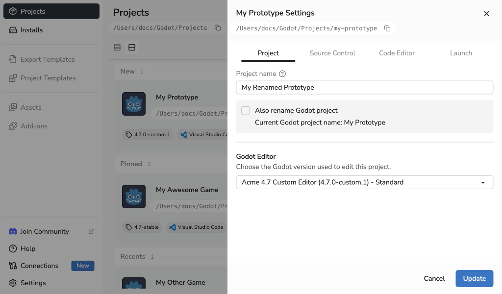 Project Settings drawer showing the Project tab