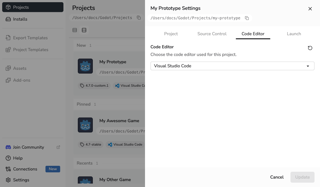 Project Settings Code Editor tab with Visual Studio Code selected and the Reset config action