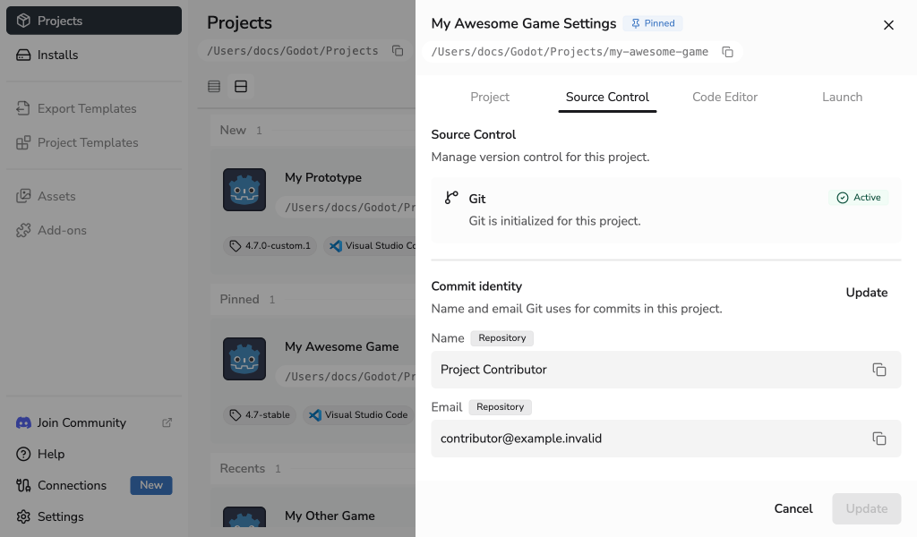 Project Settings Source Control tab showing the effective commit identity and Update action