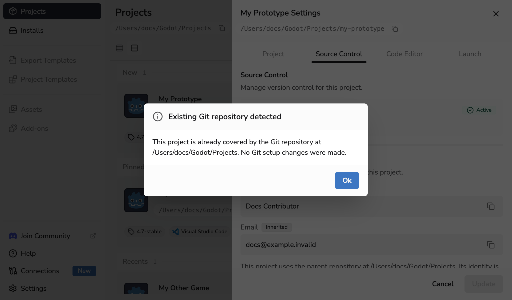 Source Control settings showing an active existing Git repository