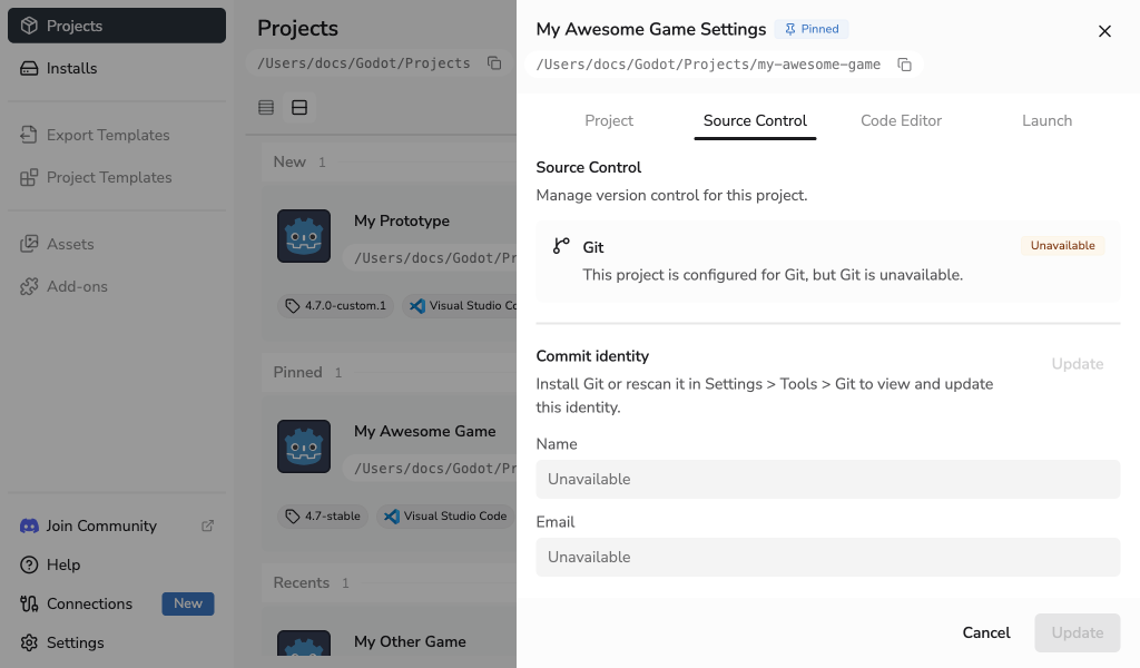 Project Settings Source Control tab with unavailable commit identity controls