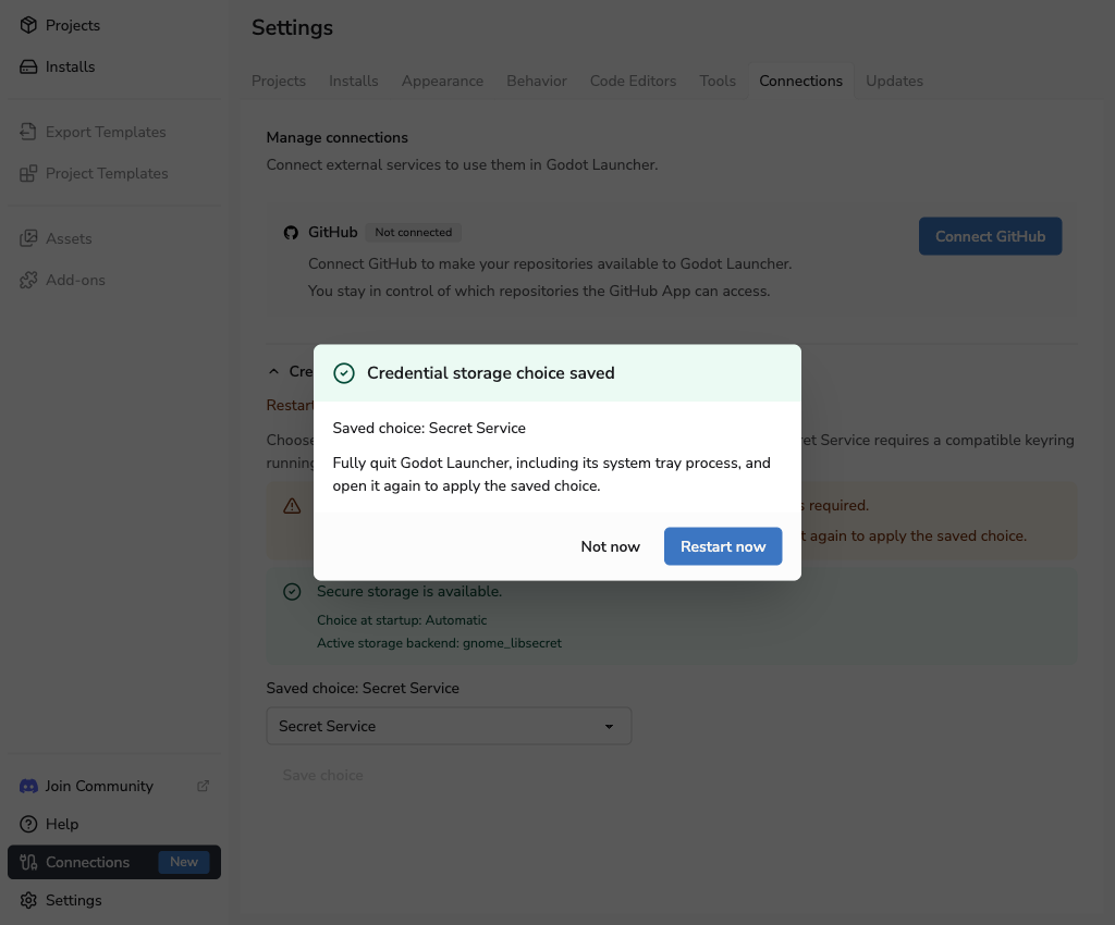 Saved Linux credential storage choice with Restart now and Not now actions