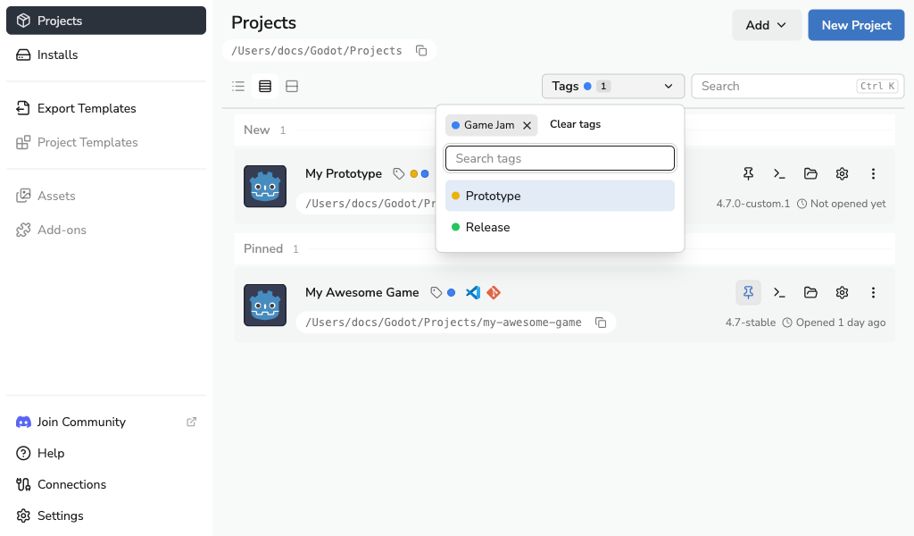 Tags filter with Game Jam selected and matching projects in Compact view