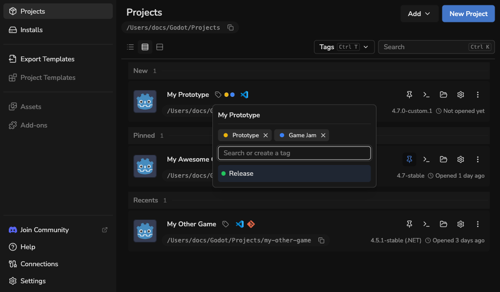 Project tag picker showing selected coloured tags and another available tag