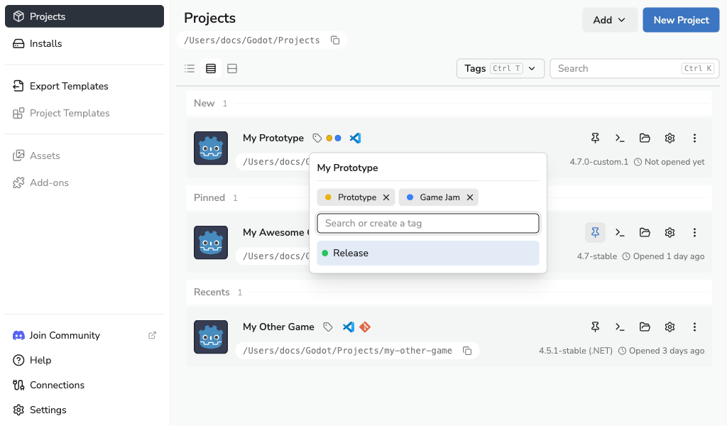 Project tag picker showing selected coloured tags and another available tag