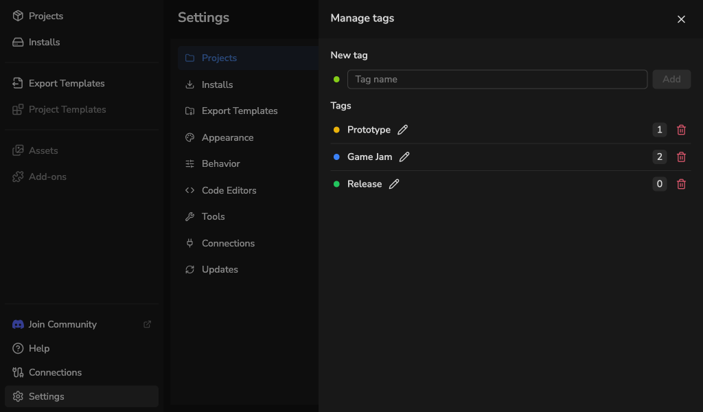 Manage tags drawer showing tag names, colour dots, project counts, and rename and delete buttons