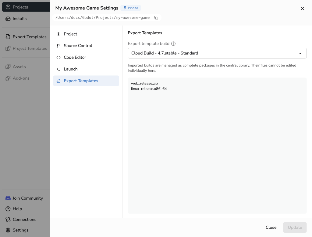 Project Settings Export Templates tab with the named Cloud Build package selected