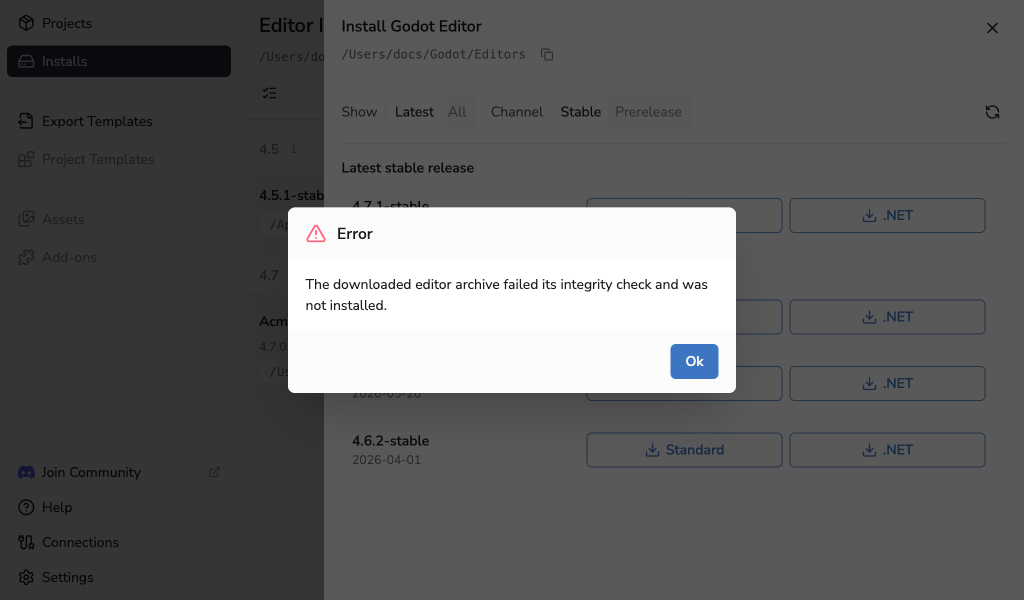 Godot Launcher rejecting an editor archive that failed its integrity check
