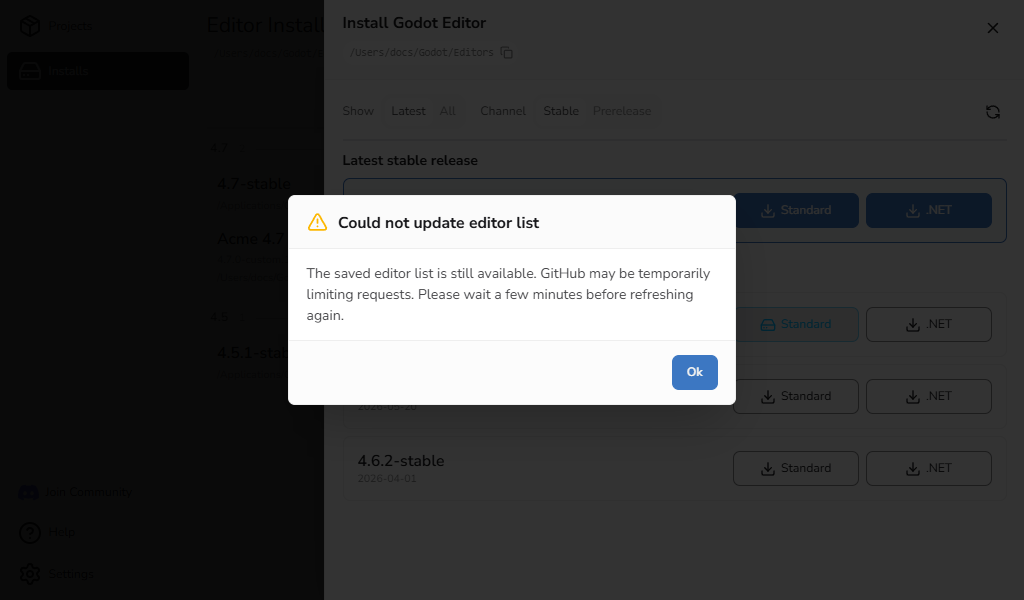 Install Godot Editor message explaining that the saved editor list is still available
