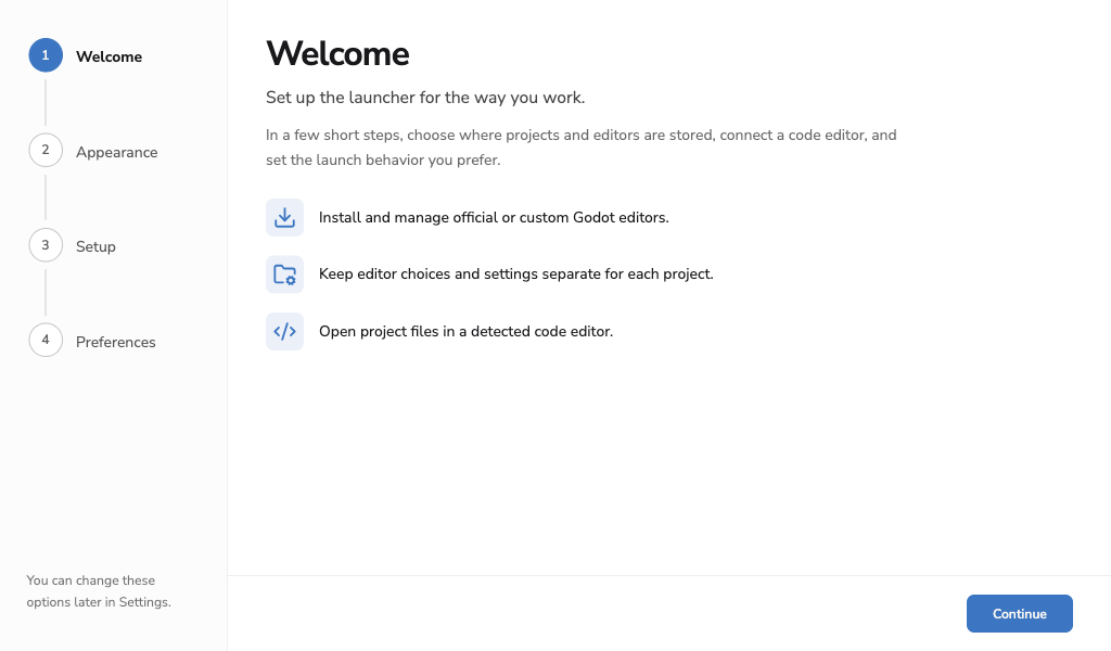 Godot Launcher Welcome screen showing the four first-run setup steps