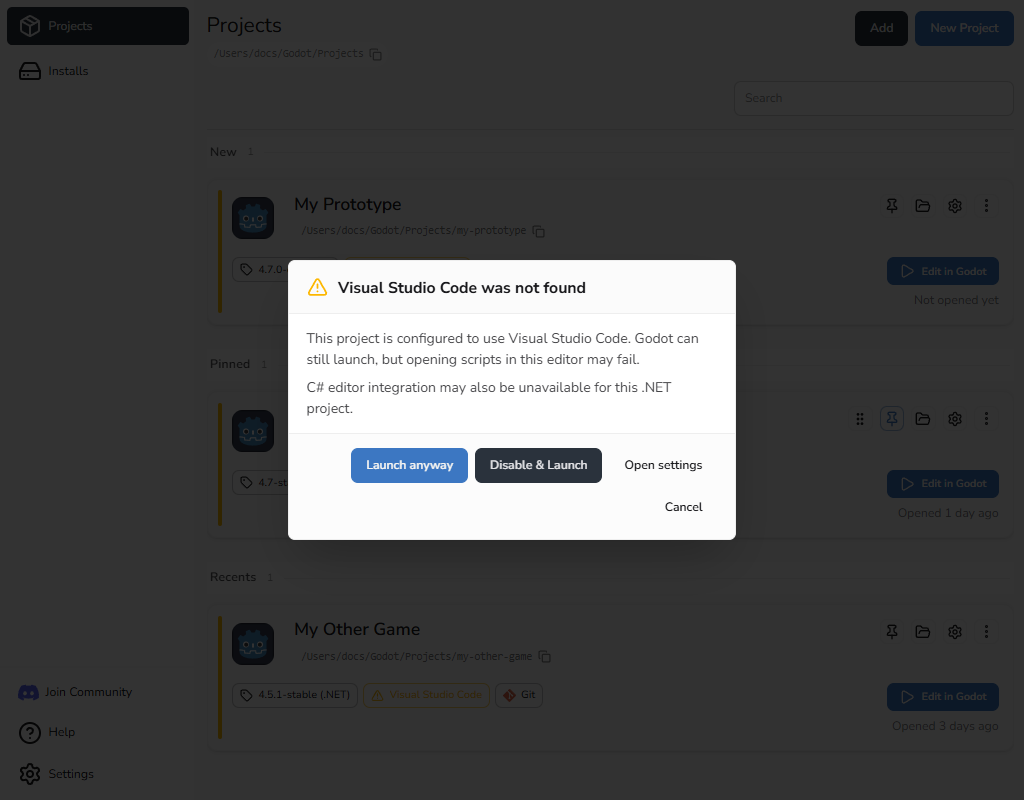 Warning with options to launch, stop using the missing code editor, or open settings