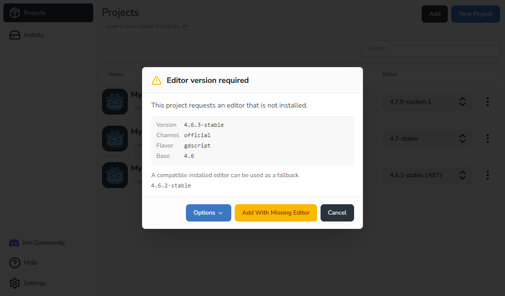 Editor version required dialog