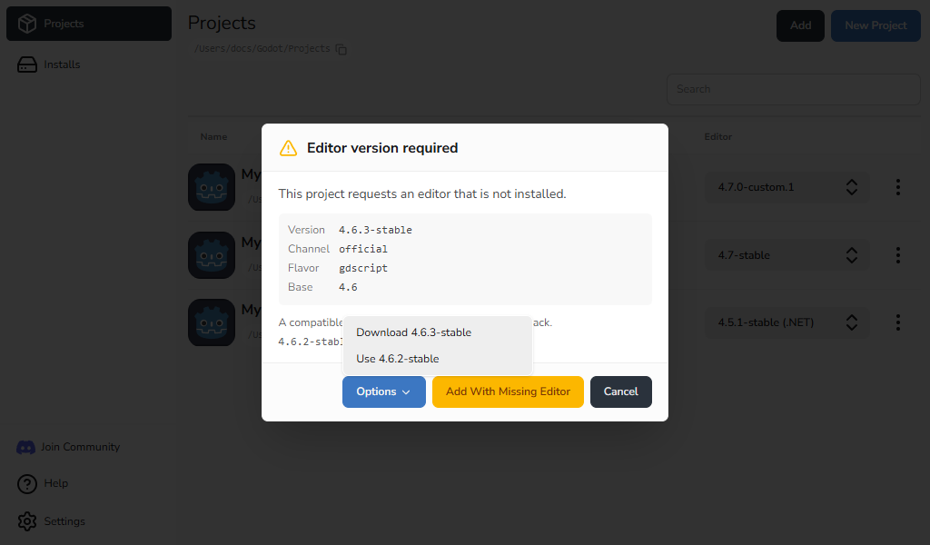 Editor version required dialog with recovery options