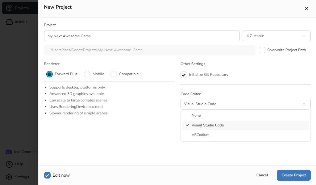 New Project code editor options with None, Visual Studio Code, and VSCodium