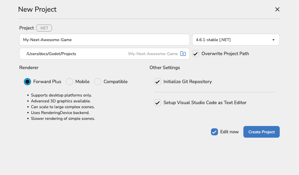 Godot Launcher - Create New Project with Overwrite Project Path