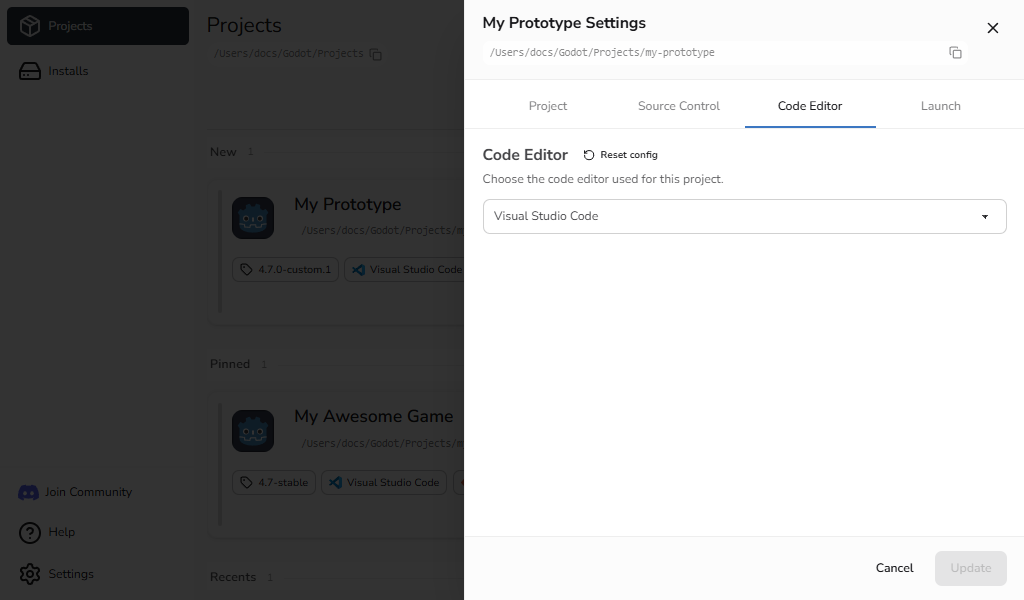Project Settings Code Editor tab with Visual Studio Code selected and the Reset config action