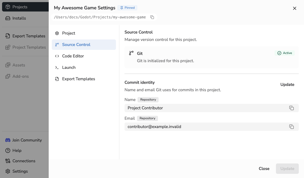 Project Settings Source Control tab showing the effective commit identity and Update action