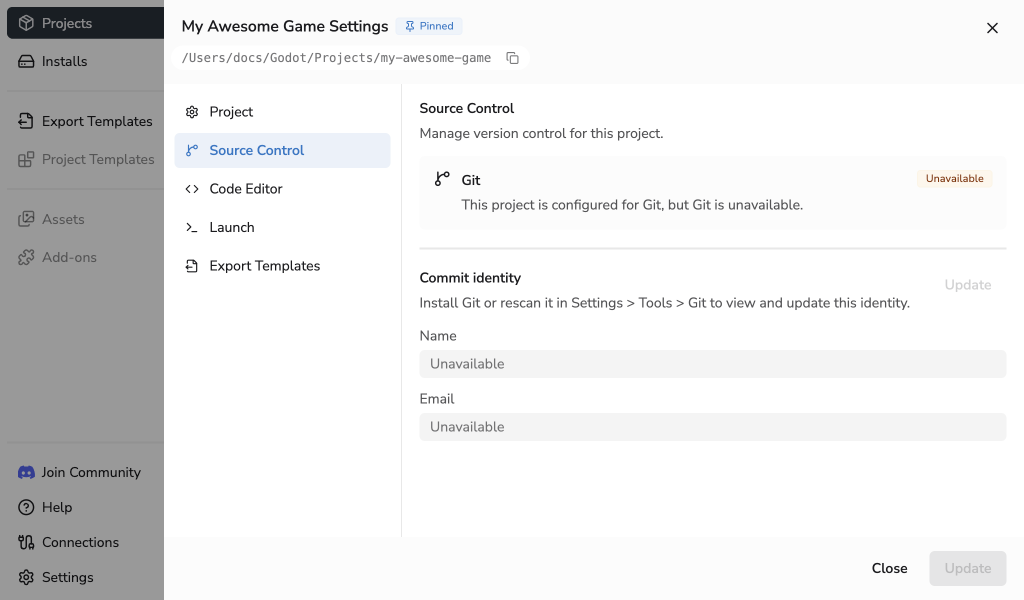 Project Settings Source Control tab with unavailable commit identity controls