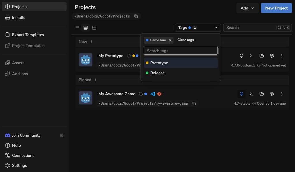 Tags filter with Game Jam selected and matching projects in Compact view